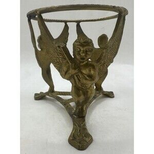 Brass Cherub Angel Candle Holder Plant Stand Natural Patina 4.5"